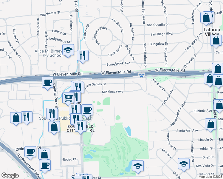 map of restaurants, bars, coffee shops, grocery stores, and more near 19406 Middlesex Avenue in Southfield