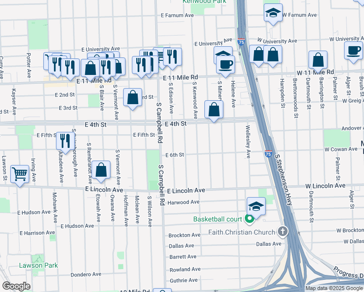 map of restaurants, bars, coffee shops, grocery stores, and more near 516 South Dorchester Avenue in Royal Oak