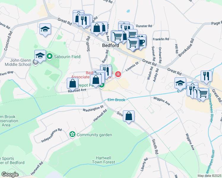 map of restaurants, bars, coffee shops, grocery stores, and more near 80 Loomis Street in Bedford