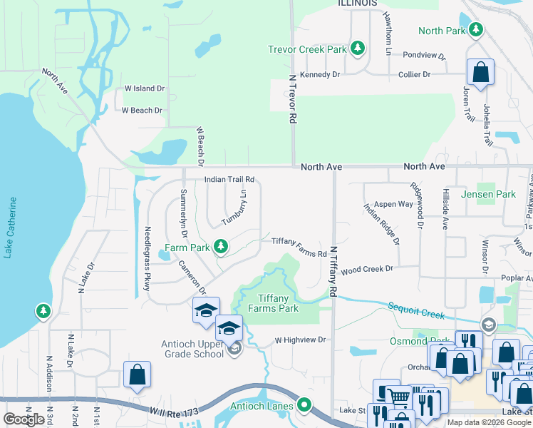map of restaurants, bars, coffee shops, grocery stores, and more near 627 Indian Trail Rd in Antioch
