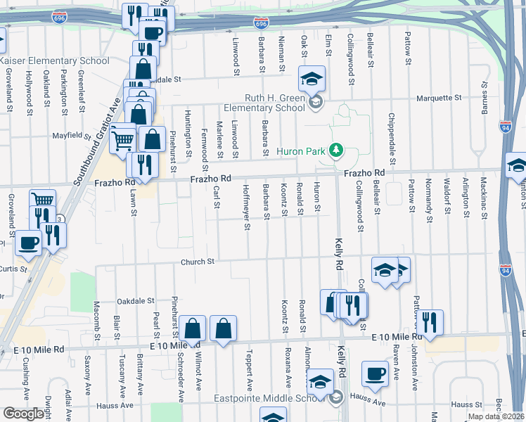 map of restaurants, bars, coffee shops, grocery stores, and more near 25785 Barbara Street in Roseville