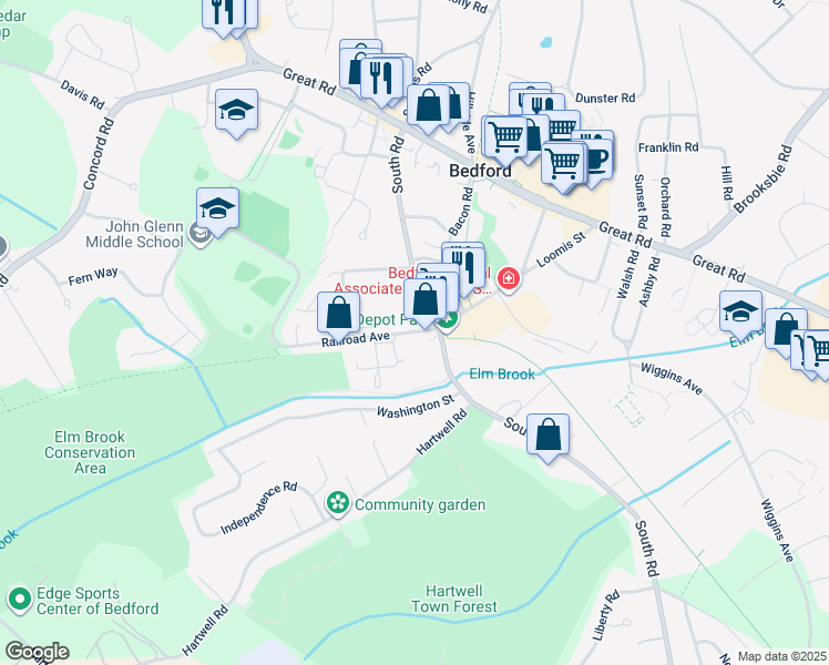 map of restaurants, bars, coffee shops, grocery stores, and more near 4 Railroad Avenue in Bedford