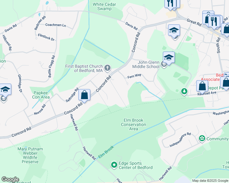 map of restaurants, bars, coffee shops, grocery stores, and more near 5 Evans Avenue in Bedford