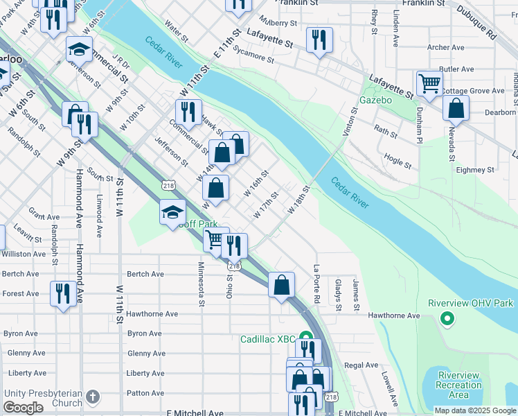 map of restaurants, bars, coffee shops, grocery stores, and more near 1828 Commercial Street in Waterloo