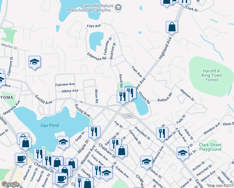 map of restaurants, bars, coffee shops, grocery stores, and more near 54 Linton Road in Lynn