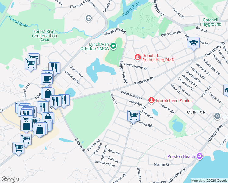 map of restaurants, bars, coffee shops, grocery stores, and more near 132 Tedesco Street in Marblehead