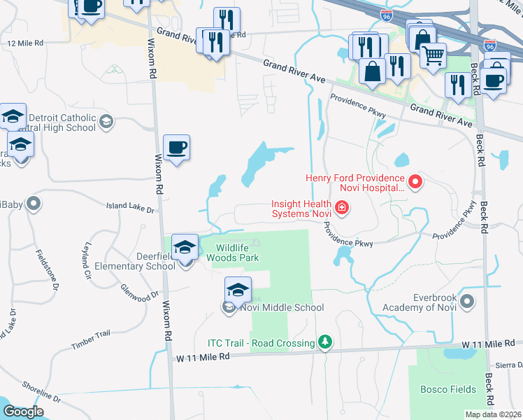 map of restaurants, bars, coffee shops, grocery stores, and more near 48771 Windfall Road in Novi