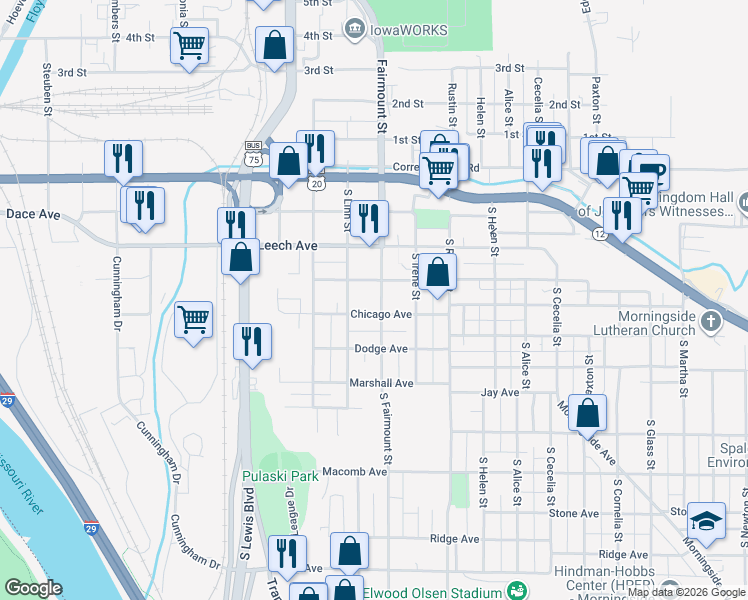 map of restaurants, bars, coffee shops, grocery stores, and more near 519 South Fairmount Street in Sioux City