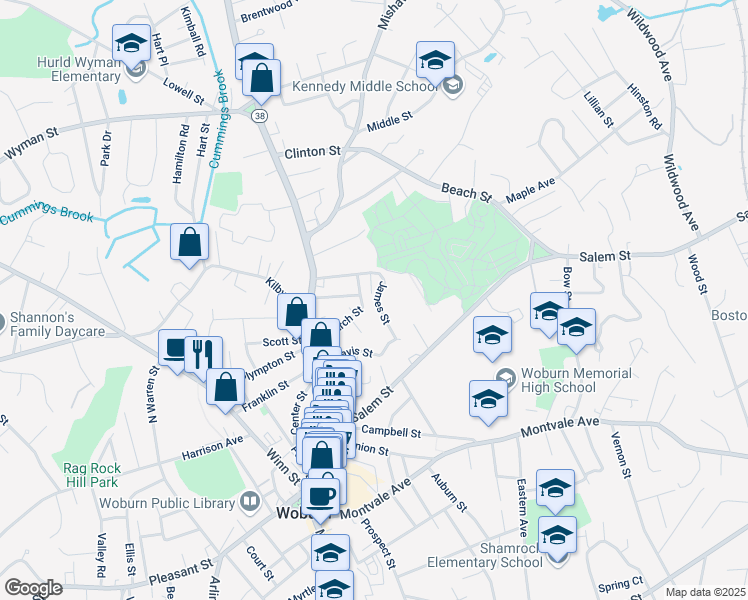 map of restaurants, bars, coffee shops, grocery stores, and more near 17 James Street in Woburn