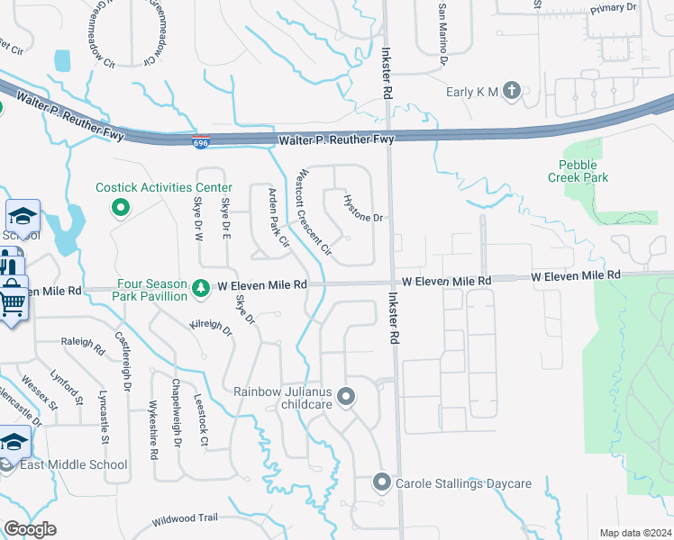map of restaurants, bars, coffee shops, grocery stores, and more near 27756 Westcott Crescent Circle in Farmington Hills