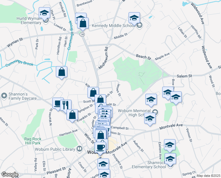 map of restaurants, bars, coffee shops, grocery stores, and more near 17 James Street in Woburn