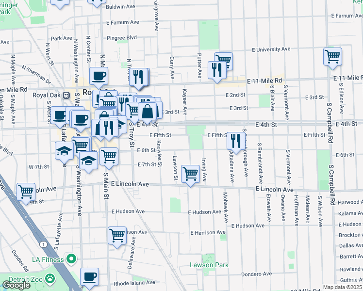 map of restaurants, bars, coffee shops, grocery stores, and more near 611 East 6th Street in Royal Oak
