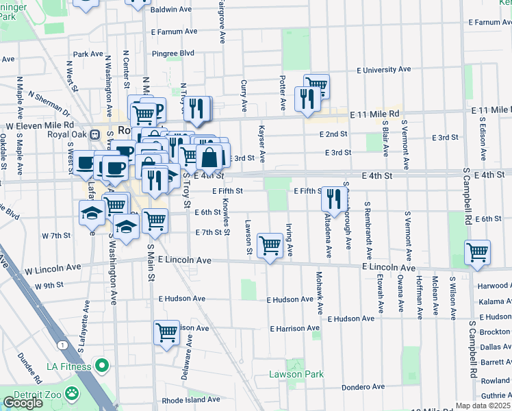 map of restaurants, bars, coffee shops, grocery stores, and more near 611 East 6th Street in Royal Oak
