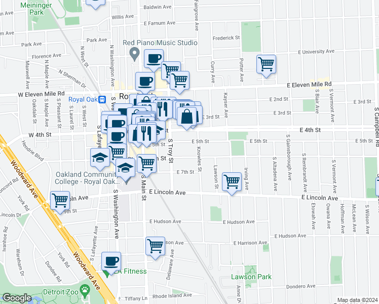 map of restaurants, bars, coffee shops, grocery stores, and more near 325 East 6th Street in Royal Oak