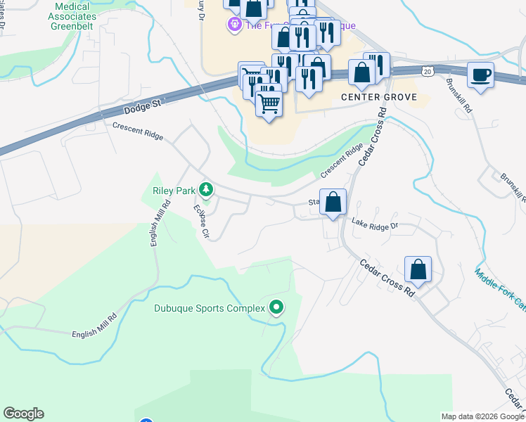 map of restaurants, bars, coffee shops, grocery stores, and more near 3512 Eclipse Circle in Dubuque