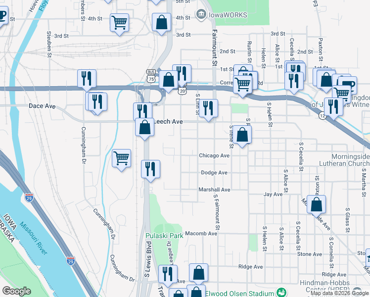 map of restaurants, bars, coffee shops, grocery stores, and more near 2509 Chicago Avenue in Sioux City