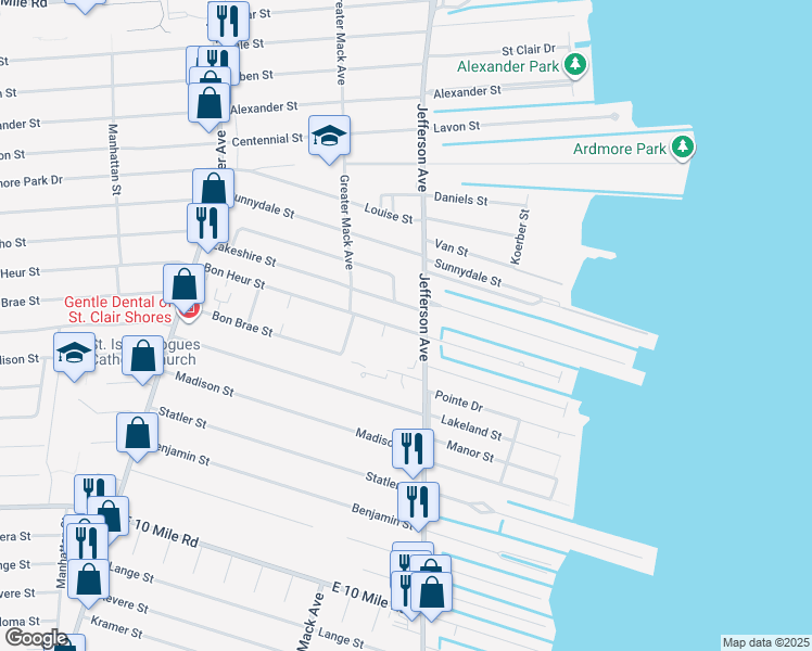 map of restaurants, bars, coffee shops, grocery stores, and more near 22321 Bon Heur Street in St. Clair Shores