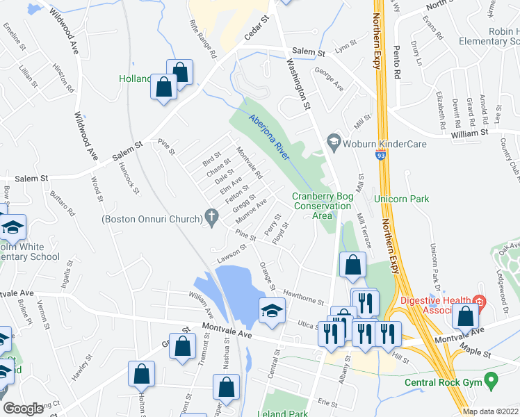 map of restaurants, bars, coffee shops, grocery stores, and more near 25 Munroe Avenue in Woburn