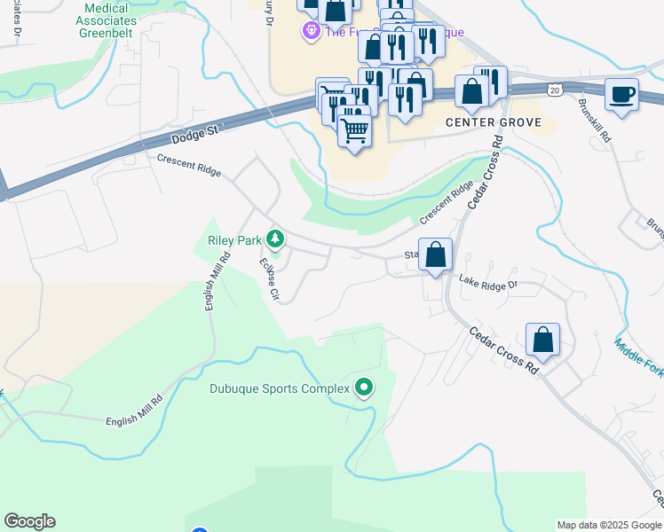 map of restaurants, bars, coffee shops, grocery stores, and more near 3512 Eclipse Circle in Dubuque