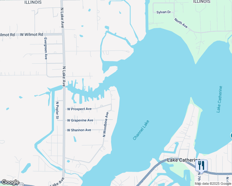 map of restaurants, bars, coffee shops, grocery stores, and more near 42825 North Woodbine Avenue in Antioch