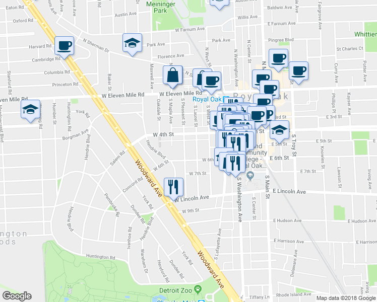 map of restaurants, bars, coffee shops, grocery stores, and more near 513 South Pleasant Street in Royal Oak