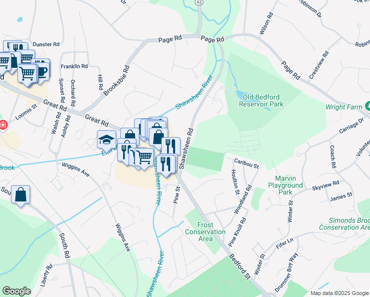 map of restaurants, bars, coffee shops, grocery stores, and more near 24 Shawsheen Road in Bedford