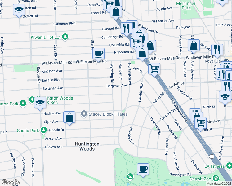 map of restaurants, bars, coffee shops, grocery stores, and more near 26500 Wyoming Rd in Huntington Woods