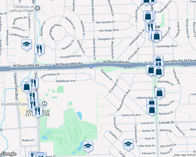 map of restaurants, bars, coffee shops, grocery stores, and more near 18880 Middlesex Avenue in Lathrup Village
