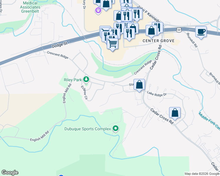 map of restaurants, bars, coffee shops, grocery stores, and more near 3512 Eclipse Circle in Dubuque