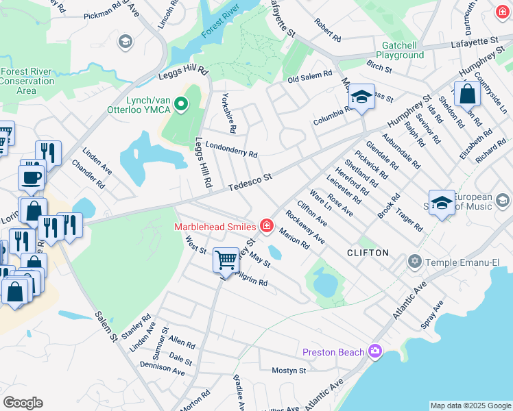 map of restaurants, bars, coffee shops, grocery stores, and more near 7 Elmwood Road in Marblehead
