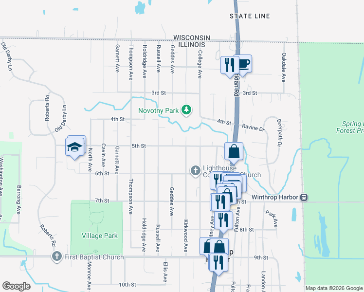 map of restaurants, bars, coffee shops, grocery stores, and more near 603 Geddes Avenue in Winthrop Harbor