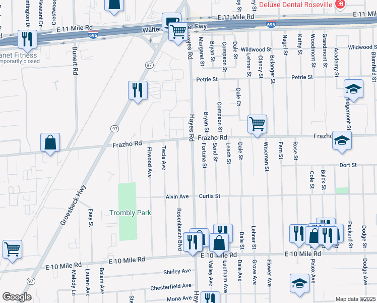 map of restaurants, bars, coffee shops, grocery stores, and more near 25875 Hayes Road in Warren