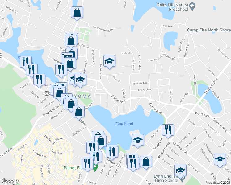 map of restaurants, bars, coffee shops, grocery stores, and more near 132 Grandview Avenue in Lynn