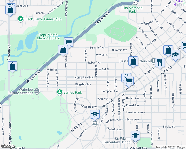 map of restaurants, bars, coffee shops, grocery stores, and more near 512 Home Park Boulevard in Waterloo