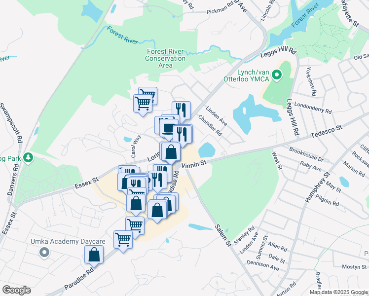 map of restaurants, bars, coffee shops, grocery stores, and more near 17 Paradise Avenue in Salem