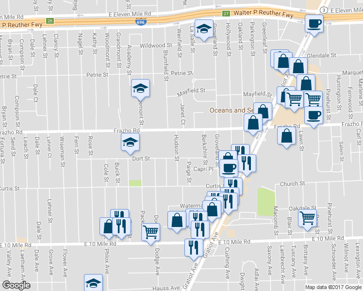 map of restaurants, bars, coffee shops, grocery stores, and more near 25850 Hudson Street in Roseville