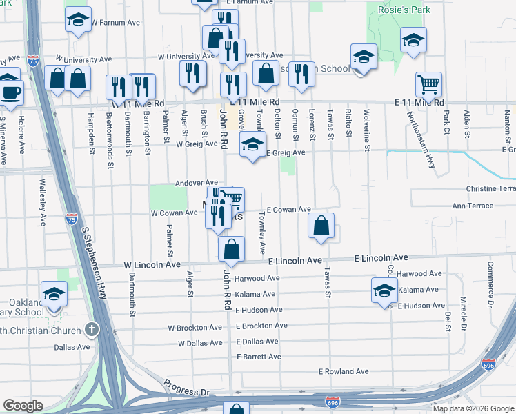 map of restaurants, bars, coffee shops, grocery stores, and more near 26305 Townley Street in Madison Heights