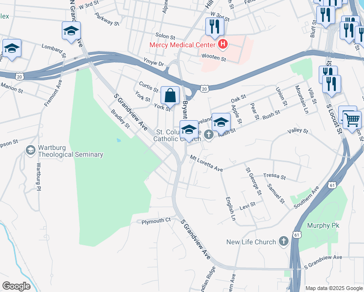 map of restaurants, bars, coffee shops, grocery stores, and more near 295 Bryant Street in Dubuque