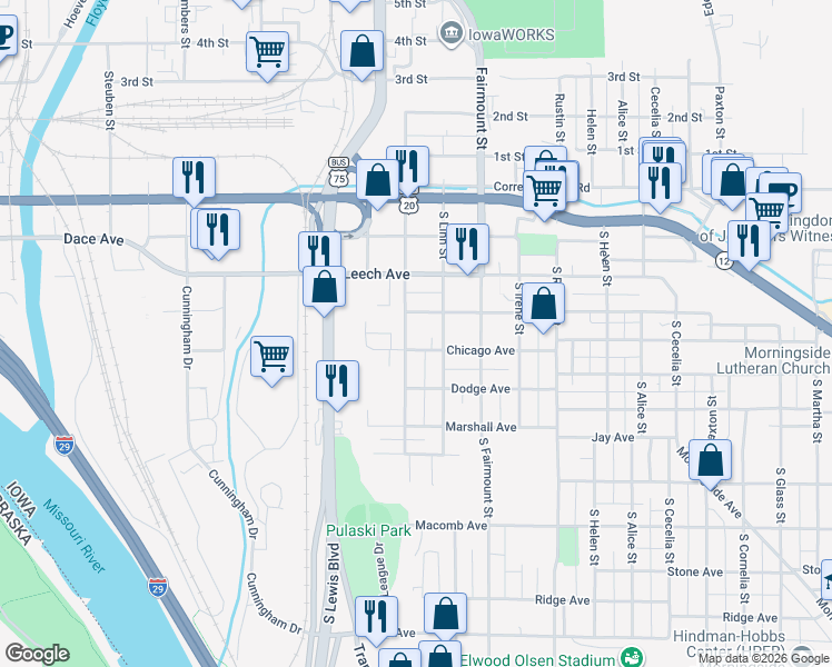 map of restaurants, bars, coffee shops, grocery stores, and more near 2509 Chicago Avenue in Sioux City