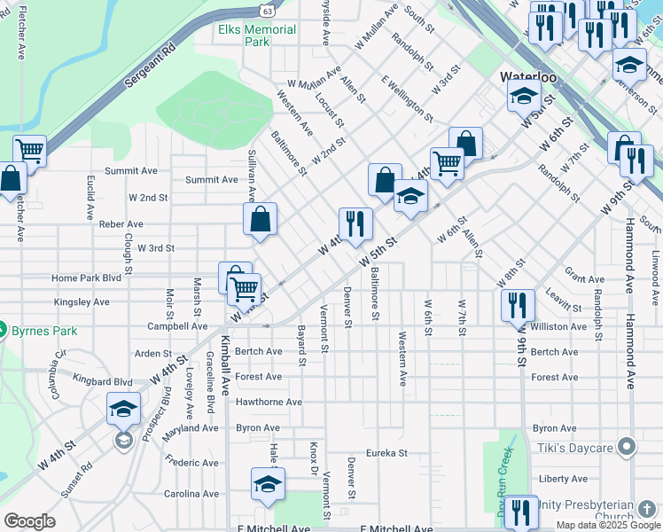 map of restaurants, bars, coffee shops, grocery stores, and more near 518 Denver Street in Waterloo