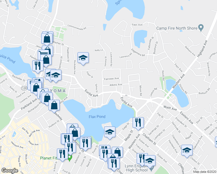 map of restaurants, bars, coffee shops, grocery stores, and more near 17 Atkins Avenue in Lynn