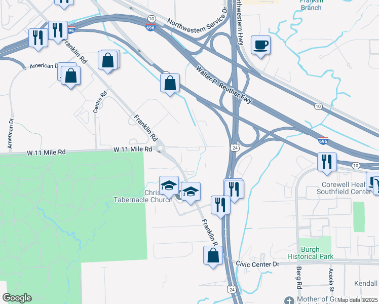 map of restaurants, bars, coffee shops, grocery stores, and more near 26962 West Eleven Mile Road in Southfield