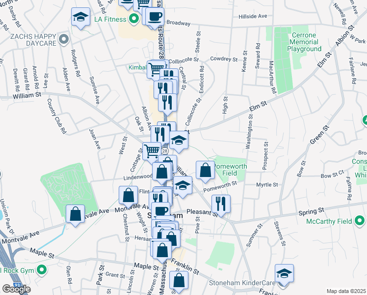 map of restaurants, bars, coffee shops, grocery stores, and more near 105 Central Street in Stoneham