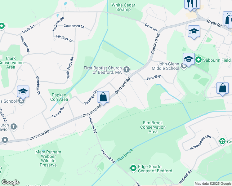 map of restaurants, bars, coffee shops, grocery stores, and more near 1 Turf Meadow Road in Bedford