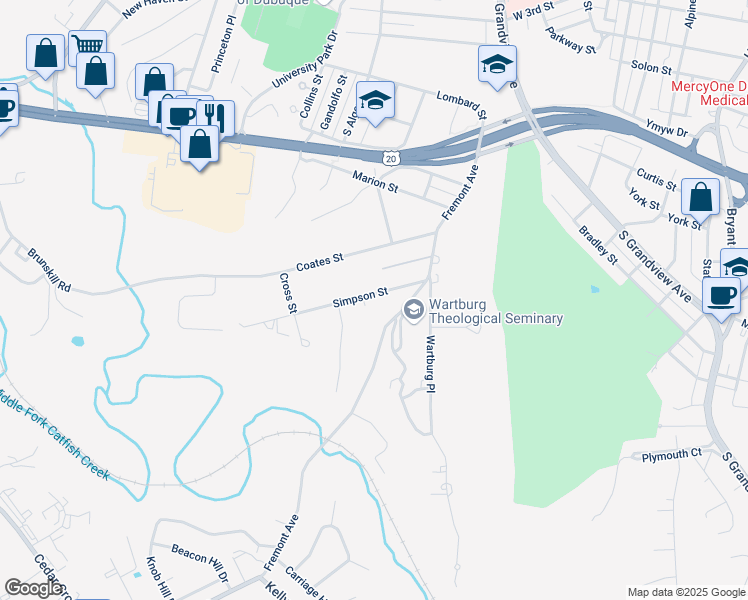 map of restaurants, bars, coffee shops, grocery stores, and more near 2084 Simpson Street in Dubuque