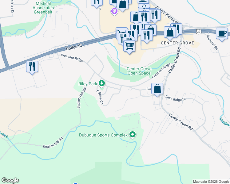 map of restaurants, bars, coffee shops, grocery stores, and more near 3519 Eclipse Circle in Dubuque