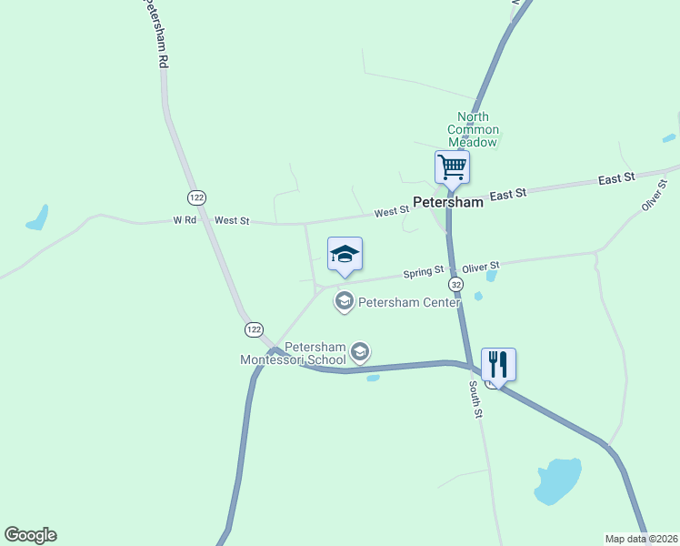 map of restaurants, bars, coffee shops, grocery stores, and more near 32 Spring Street in Petersham