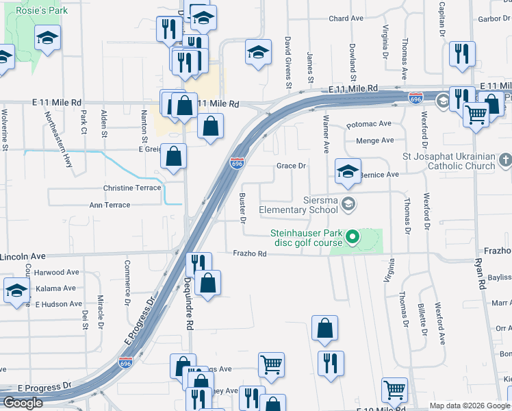 map of restaurants, bars, coffee shops, grocery stores, and more near 26345 Nicola Drive in Warren
