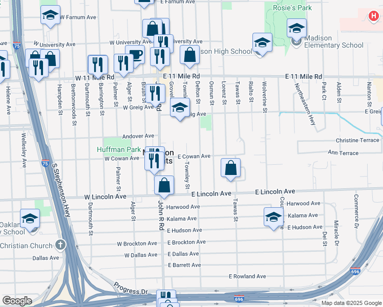 map of restaurants, bars, coffee shops, grocery stores, and more near 315 East Cowan Avenue in Madison Heights