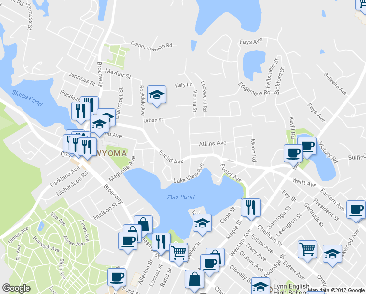 map of restaurants, bars, coffee shops, grocery stores, and more near 57 Sylvia St in Lynn